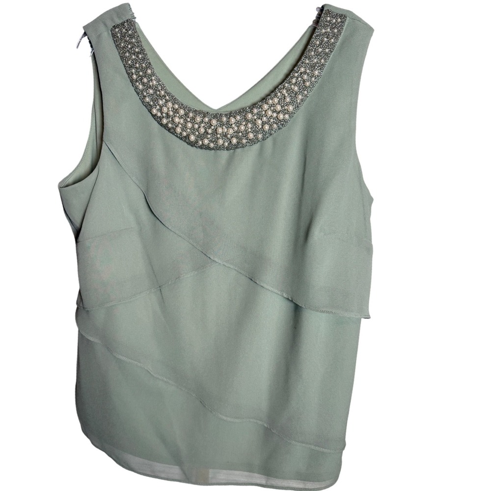 Le Bos Beaded Neckline Tiered Blouse Womens 18 Sage Green Chiffon Dressy